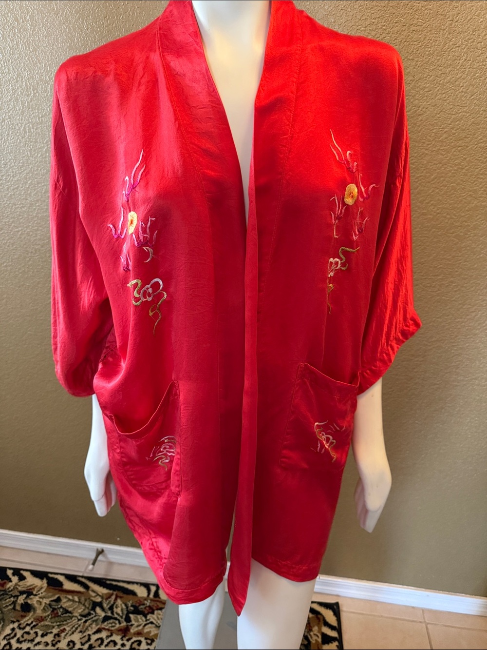 Red Embroidered Satin Robe Jacket - Women's Kimono Style
